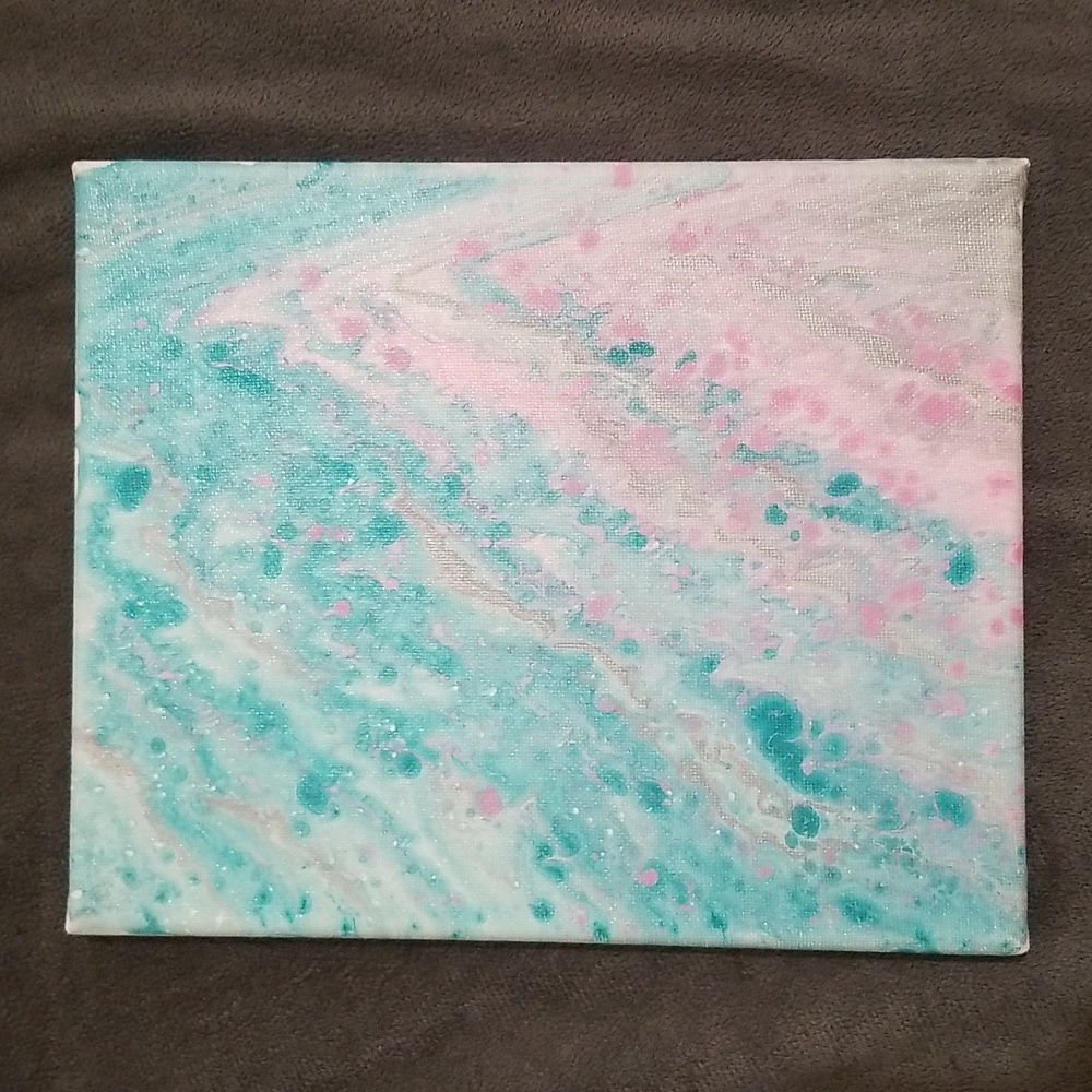 8x10 Teal Pink Silver and White Acrylic Painting